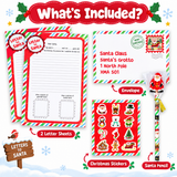 Christmas-themed 'What's Included?' collage showing a letter to Santa template, an envelope with holiday postmark, two letter sheets, Christmas stickers, and a Santa-themed pencil on a snowy white background.