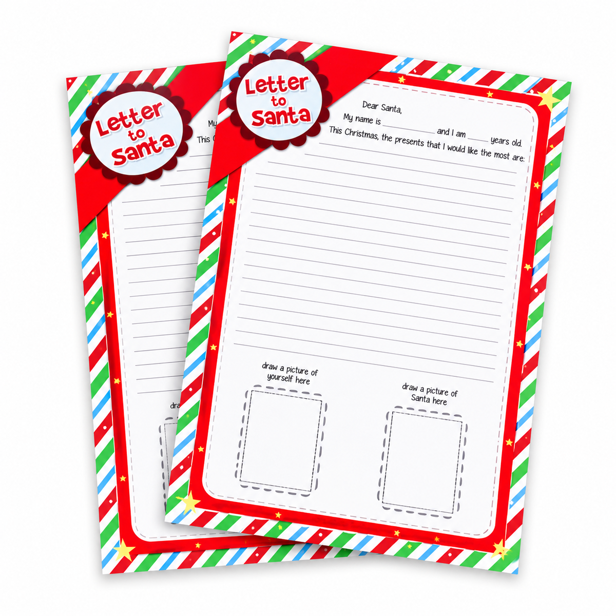 Two Christmas-themed letter writing templates with red borders, striped candy canes, and circular 'Letter to Santa' labels, shown on a white background.