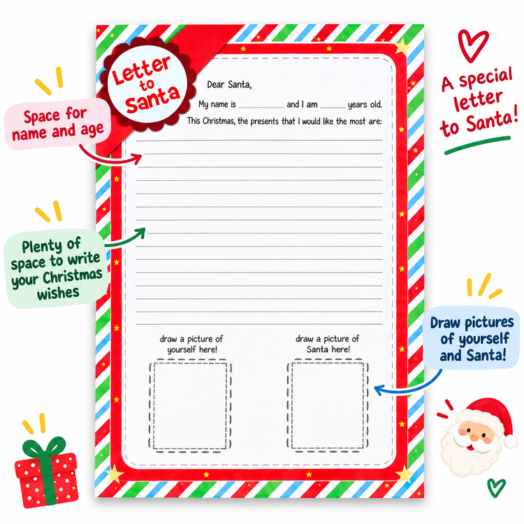 A festive printable Christmas letter to Santa stationery template with red, green, and white striped border, lined writing area, and labeled drawing boxes, shown on a white background with decorative callout graphics.