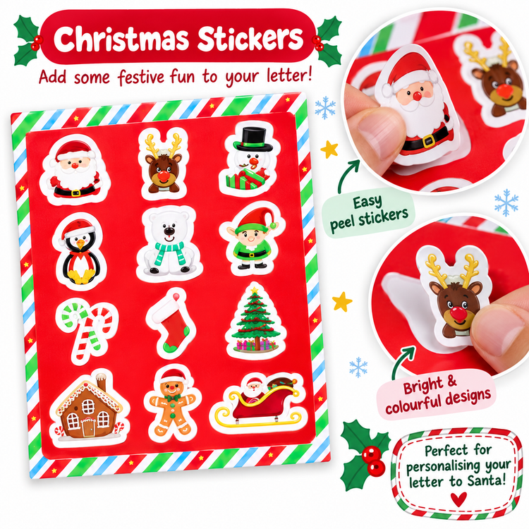 A sheet of Christmas letter stickers with various festive illustrations including Santa Claus, reindeer, penguin, polar bear, elf, candy cane, stocking, Christmas tree, gingerbread house, and sleigh. The image includes close-up circular insets showing hands peeling the stickers, with promotional text highlighting easy peeling and bright colorful designs.