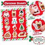 A sheet of Christmas letter stickers with various festive illustrations including Santa Claus, reindeer, penguin, polar bear, elf, candy cane, stocking, Christmas tree, gingerbread house, and sleigh. The image includes close-up circular insets showing hands peeling the stickers, with promotional text highlighting easy peeling and bright colorful designs.
