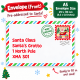 A festive A5 size Christmas envelope shown on a white background with holiday graphics. The envelope has a red, green, and blue striped border, a green 'Merry Christmas' stamp, and a red postage stamp featuring Santa Claus.