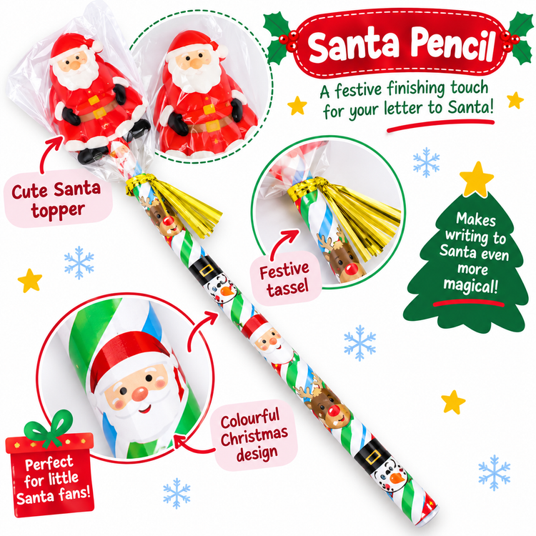 A festive Christmas-themed 'Santa Pencil' shown on a white background with decorative text callouts and inset detail circles. The pencil has a green-and-white striped handle with Santa and holiday illustrations, a gold tinsel tail, and a clear plastic-wrapped Santa topper.