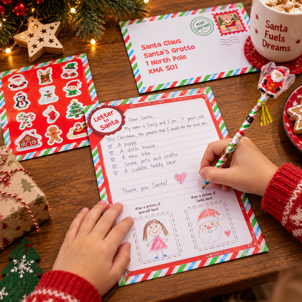 A festive Christmas letter-writing activity setup on a wooden table. A child's hands are visible holding a decorated pen and writing on a printed holiday letter template.
