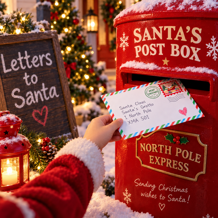 A hand in a red Santa coat inserts a Christmas letter into a red Santa's Post Box decorated with snow and holiday lights. A chalkboard sign reads 'Letters to Santa' and the background shows a festive, snow-covered Christmas tree with warm lights.