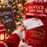 A hand in a red Santa coat inserts a Christmas letter into a red Santa's Post Box decorated with snow and holiday lights. A chalkboard sign reads 'Letters to Santa' and the background shows a festive, snow-covered Christmas tree with warm lights.