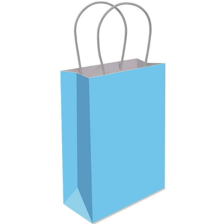 Light blue paper gift bag with gray handles on a white background