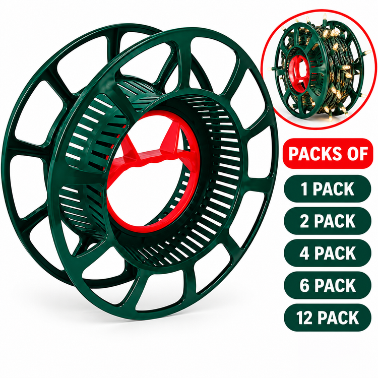 A dark green and red plastic garden hose reel shown on a white background, with an inset showing the hose wound inside and text labels indicating pack sizes from 1 pack to 12 pack.