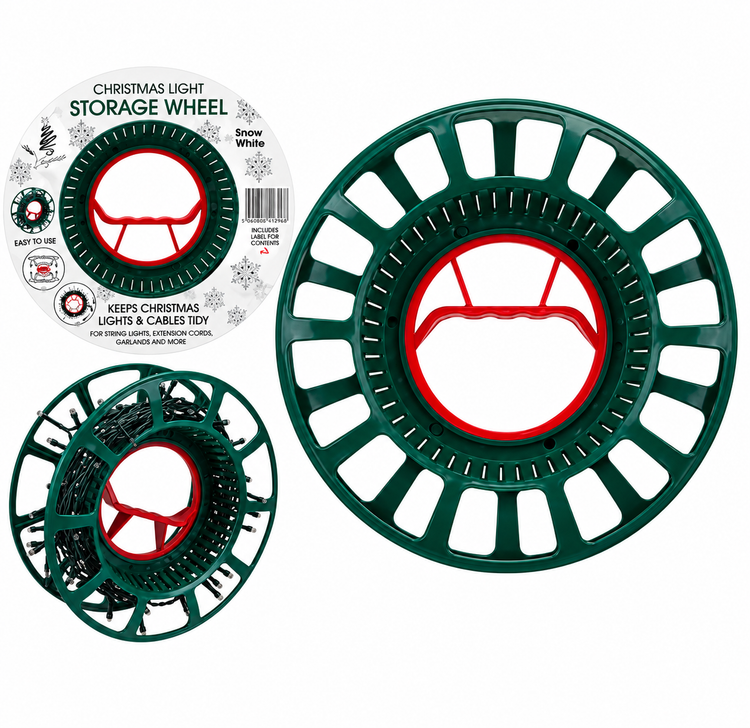 A Christmas light storage wheel organizer shown in green and red, with one fully assembled circular wheel on the right, one partially assembled on the left, and a printed product label on the upper left against a white background.