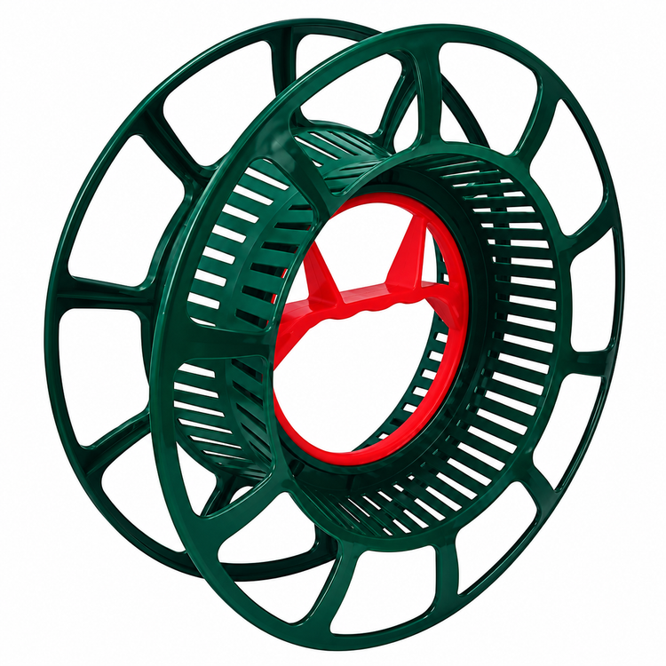 A green plastic spool reel with a red inner hub, shown on a solid white background.