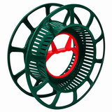 A green plastic spool reel with a red inner hub, shown on a solid white background.
