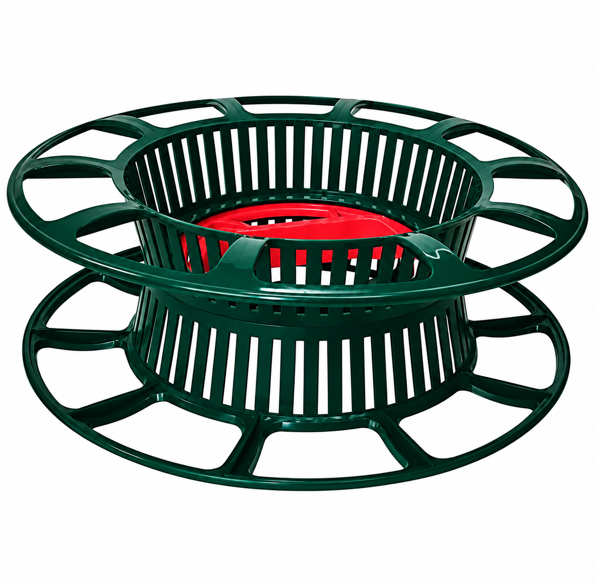 A dark green plastic slotted basket or spool-like container with a bright red inner disc, shown on a plain white background.