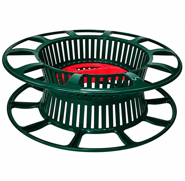 A dark green plastic slotted basket or spool-like container with a bright red inner disc, shown on a plain white background.