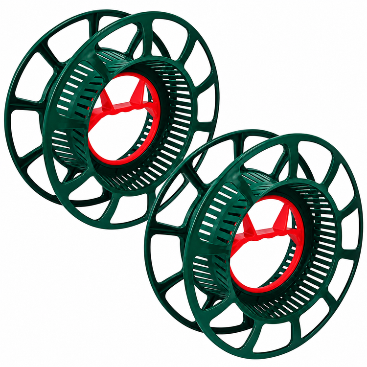 Two dark green plastic spool-style holders with red inner supports, shown on a plain white background.