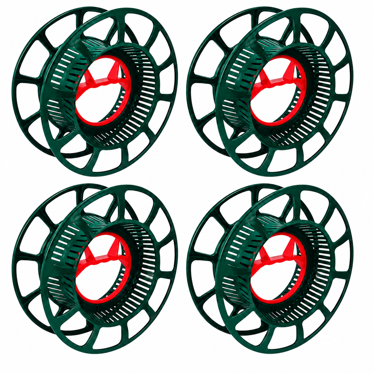 Four dark green spool-shaped products arranged in a 2x2 grid on a plain white background.