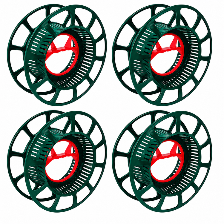 Four dark green spool-shaped products arranged in a 2x2 grid on a plain white background.