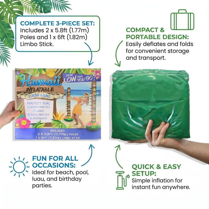 Inflatable limbo game set with packaging and green inflatable limbo stick, featuring text on product features.