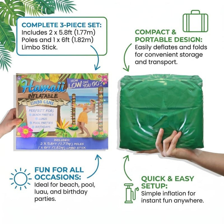 Inflatable limbo game set with packaging and green inflatable limbo stick, featuring text on product features.