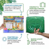 Inflatable limbo game set with packaging and green inflatable limbo stick, featuring text on product features.