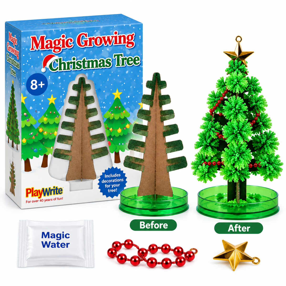 Magic Growing Christmas Tree kit showing the retail box, a cardboard tree labeled 'Before', a green plastic tree labeled 'After' with red garlands and a gold star, plus a packet of magic water and red beads on a white background.