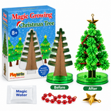 Magic Growing Christmas Tree kit showing the retail box, a cardboard tree labeled 'Before', a green plastic tree labeled 'After' with red garlands and a gold star, plus a packet of magic water and red beads on a white background.