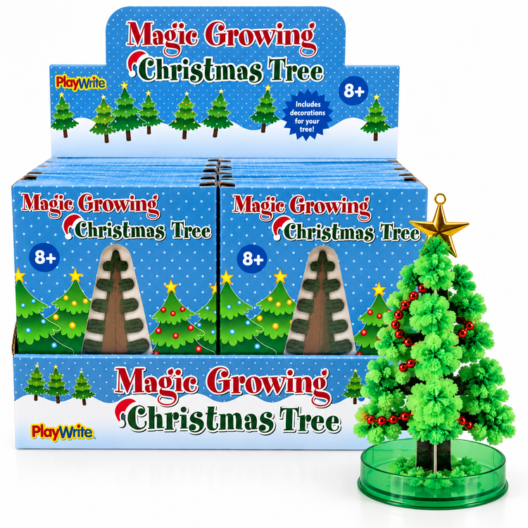 A retail display box of PlayWrite Magic Growing Christmas Trees, shown alongside one assembled green Christmas tree on a clear round base with a gold star topper.