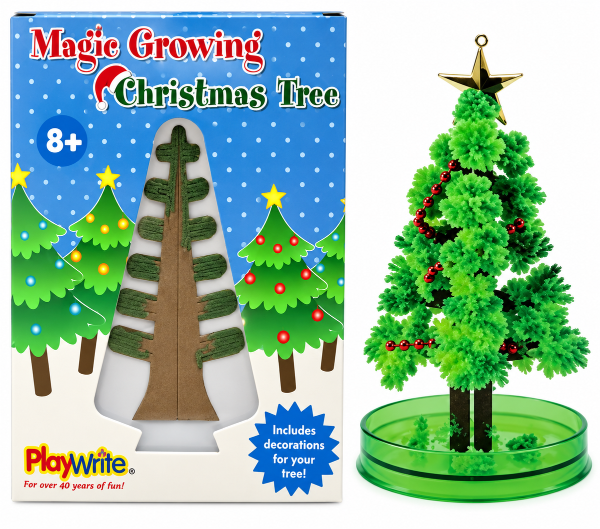 Magic Growing Christmas Tree toy set by PlayWrite, showing the illustrated product box on the left and the assembled green plastic Christmas tree with a gold star on the right against a white background.