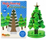 Magic Growing Christmas Tree toy set by PlayWrite, showing the illustrated product box on the left and the assembled green plastic Christmas tree with a gold star on the right against a white background.