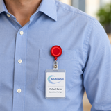 A close-up of a person wearing a light blue dress shirt and a red retractable badge reel with a clear ID badge that reads Aim2Entertain and Michael Carter.