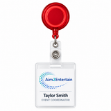 A red retractable badge reel with a clear plastic ID holder containing a printed name card for Taylor Smith, Event Coordinator at Aim2Entertain, on a white background.