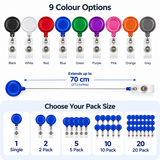 A product information graphic showing a retractable badge reel in nine color options, including black, white, red, blue, green, purple, pink, orange, and grey. The graphic includes a measurement callout indicating the reel extends up to 70 cm (27.