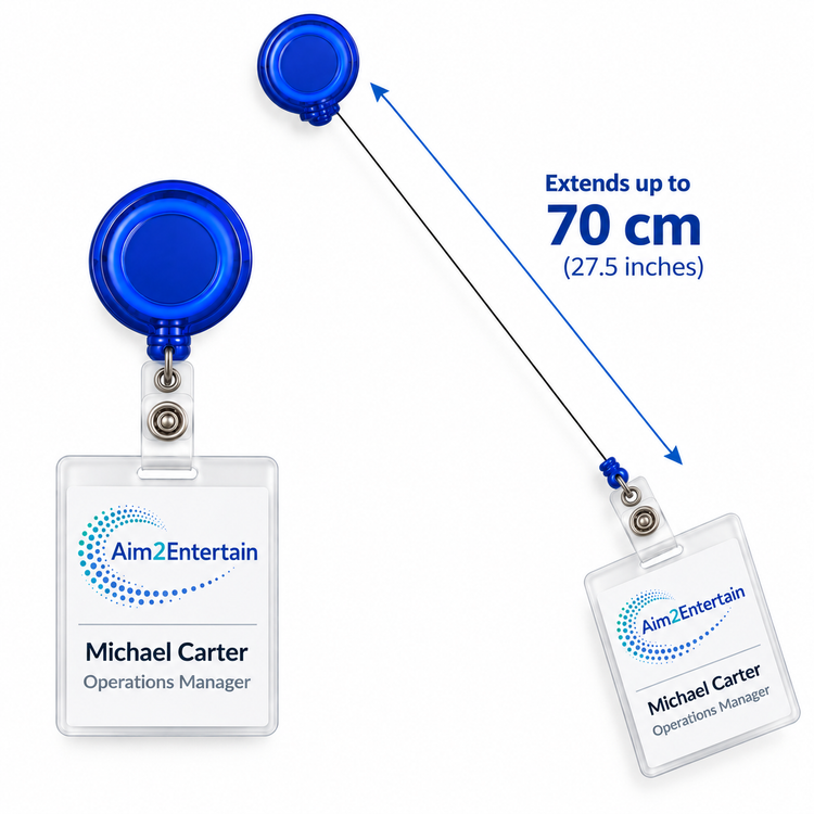 Blue retractable badge reel with clear ID holder shown in two positions on a white background, with text noting it extends up to 70 cm (27.5 inches).