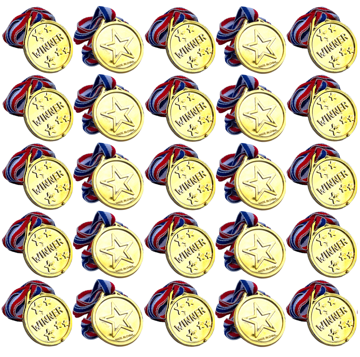 Gold medals with red, white, and blue ribbons arranged in a grid.