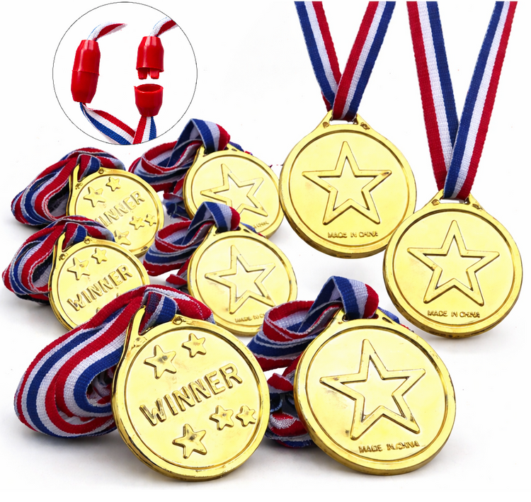 Gold medals with star design and ribbons on a white background