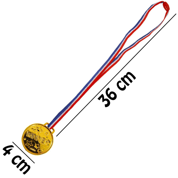 Gold medal with a red, white, and blue ribbon on a white background, showing measurements.