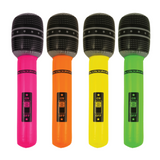 Four colorful microphones with black grills on a white background