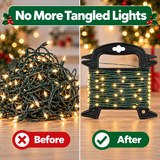 Before-and-after comparison for holiday string lights. The left side shows tangled warm-white string lights on a wooden surface with a red 'Before' label.