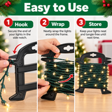 Three-panel instruction graphic showing how to use a black spool of green Christmas string lights with warm white bulbs. Text reads 'Easy to Use' and shows steps: hook, wrap, and store.
