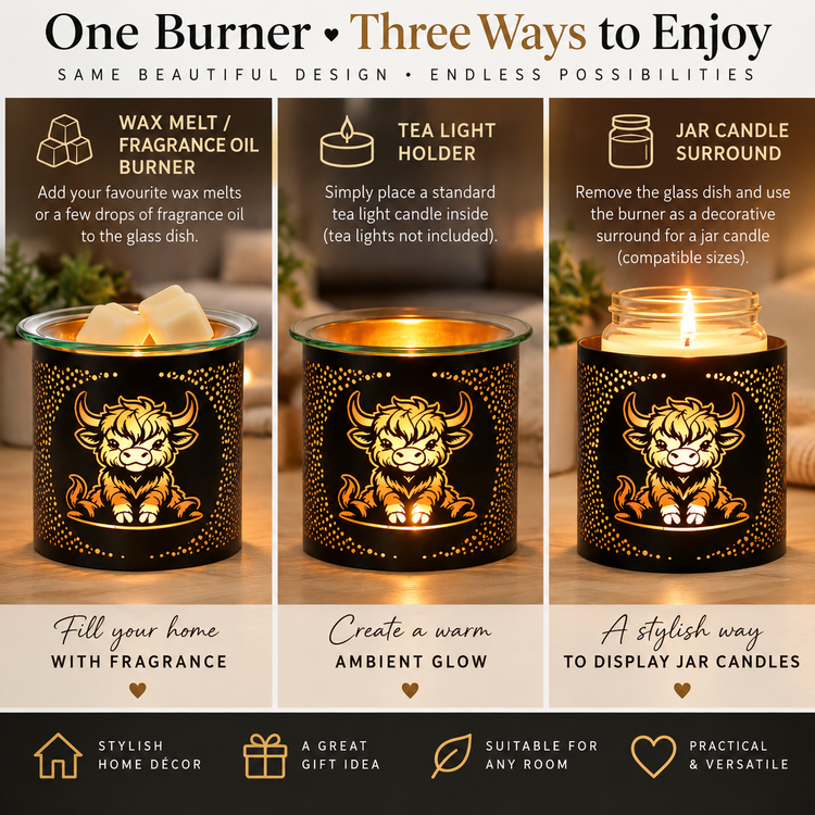 A promotional collage for a scented candle jar burner set, showing three usage ways side by side: wax melt/fragrance oil burner, tea light holder, and jar candle surround. The central product is a black glass jar with a gold tiger illustration and gold dotted pattern, lit with warm candlelight.