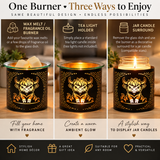 A promotional collage for a scented candle jar burner set, showing three usage ways side by side: wax melt/fragrance oil burner, tea light holder, and jar candle surround. The central product is a black glass jar with a gold tiger illustration and gold dotted pattern, lit with warm candlelight.