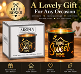 AAROMA ACCESSORIES 'Home Sweet Home' 3-in-1 wax melts shown next to their gift box, with promotional text overlays and feature icons at the bottom.