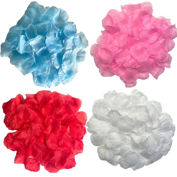 Artificial rose petals in blue, red, white and pink