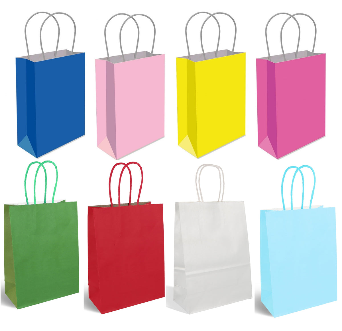 Set of colorful paper bags with handles on a white background