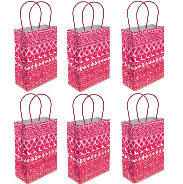 Christmas Gift Bags x6 Red Nordic Paper Party Loot Bag With Handles Recyclable