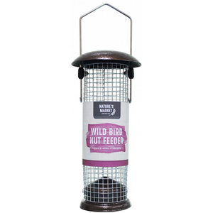 Metal bird nut feeder in brown