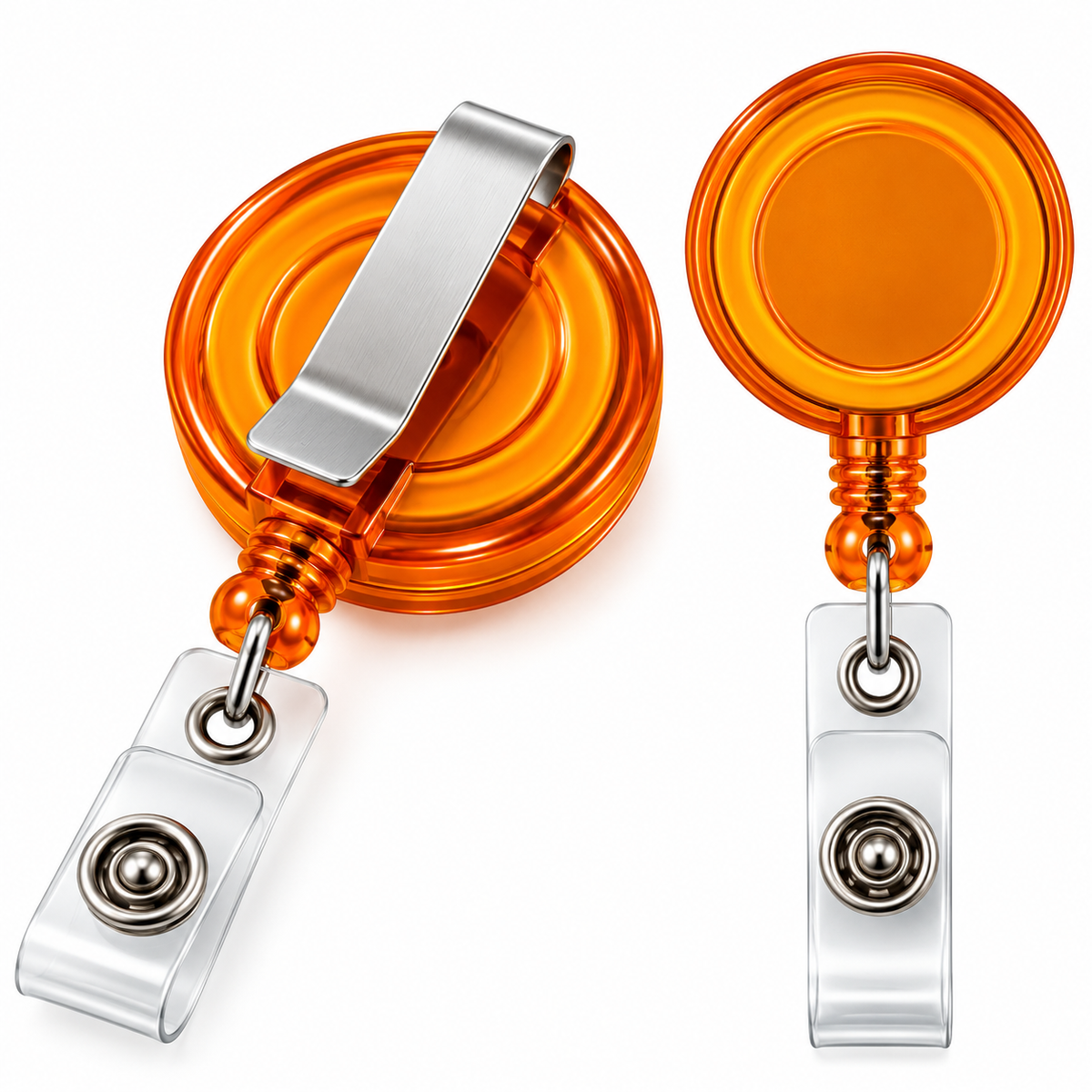 Two views of an orange retractable badge reel with a silver metal clip and clear plastic holder, shown on a white background.
