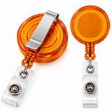 Two views of an orange retractable badge reel with a silver metal clip and clear plastic holder, shown on a white background.