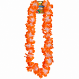 An orange and white Hawaiian-style flower lei necklace with a cardboard header card, shown against a plain white background.