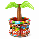 Colorful inflatable tiki mug with palm tree design on a white background