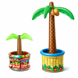 Inflatable palm trees with colorful bases on a white background
